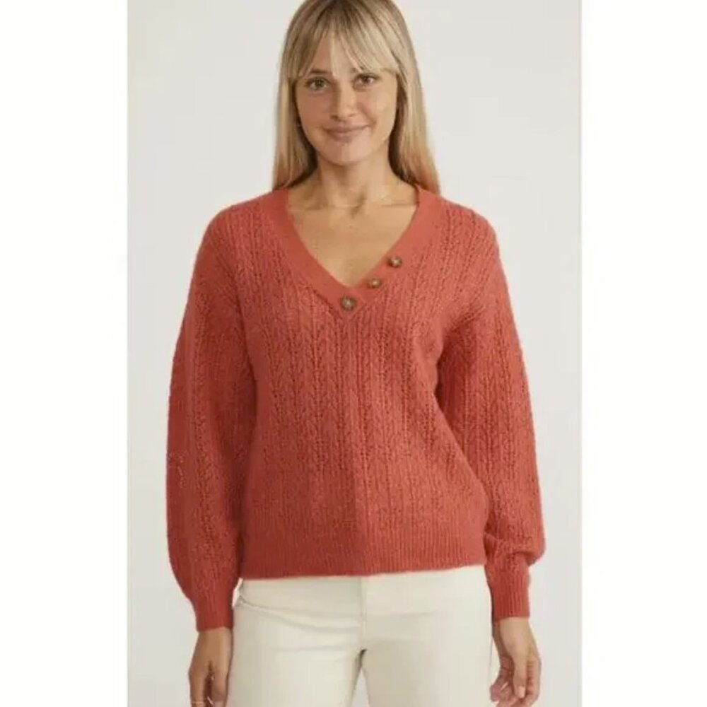 Marine Layer Coral V‑Neck Button Cable Knit Sweater